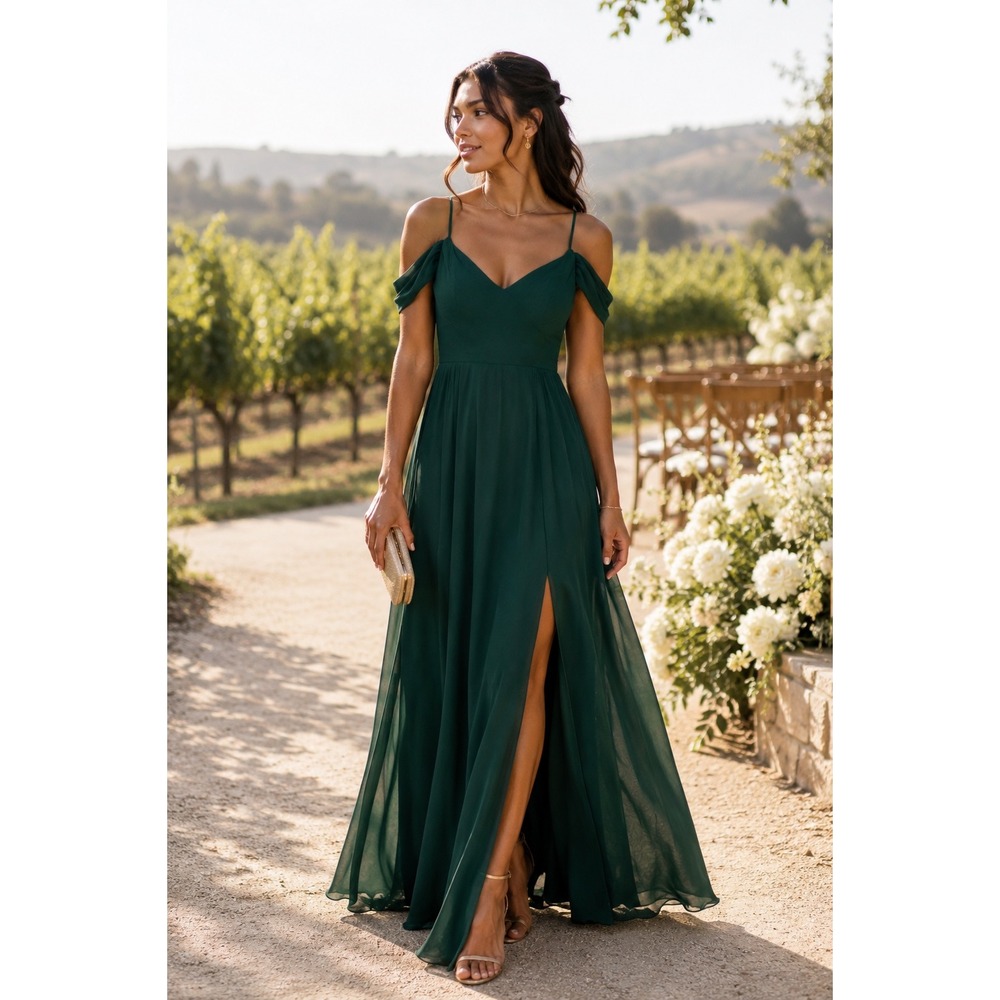 NWT Birdy Grey Devin Chiffon Gown Emerald Green Cold Shoulder Maxi Dress Medium